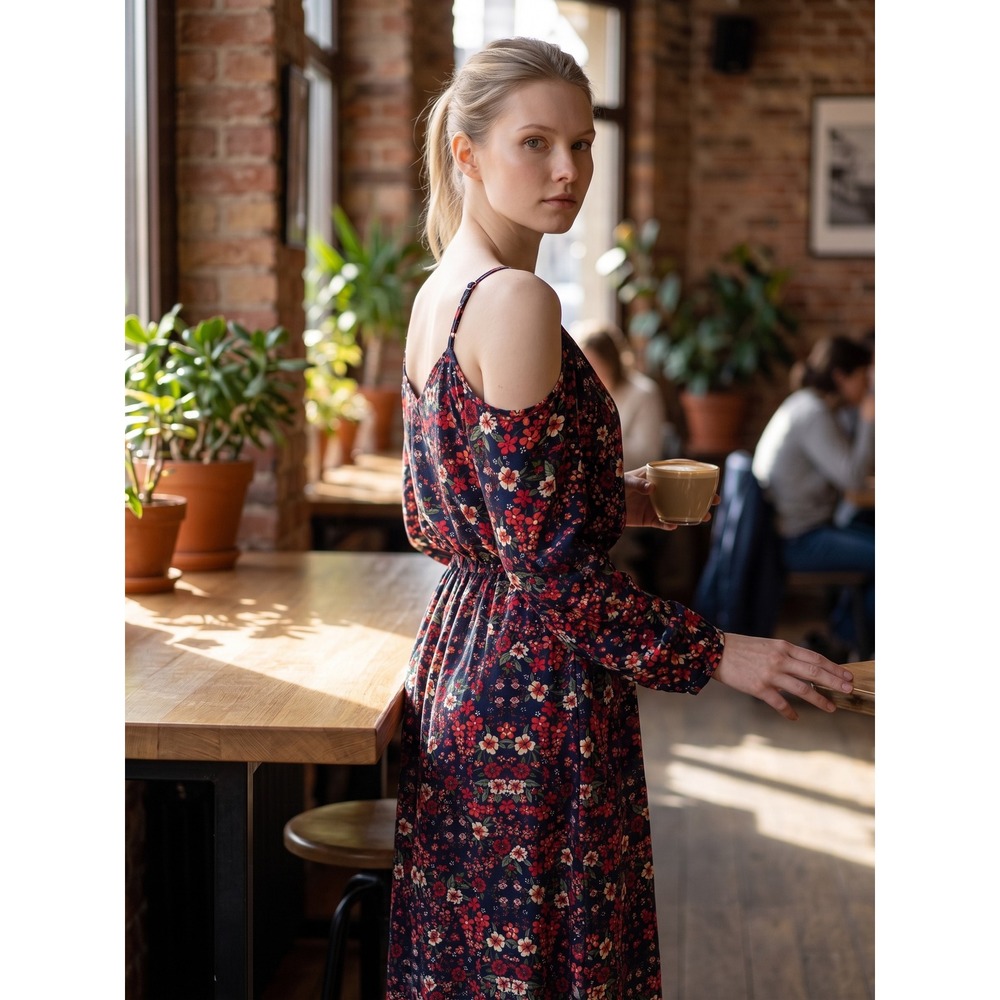 Mimi Chica Cold Shoulder Dress Women XL Navy Blue Floral Long Sleeve Boho